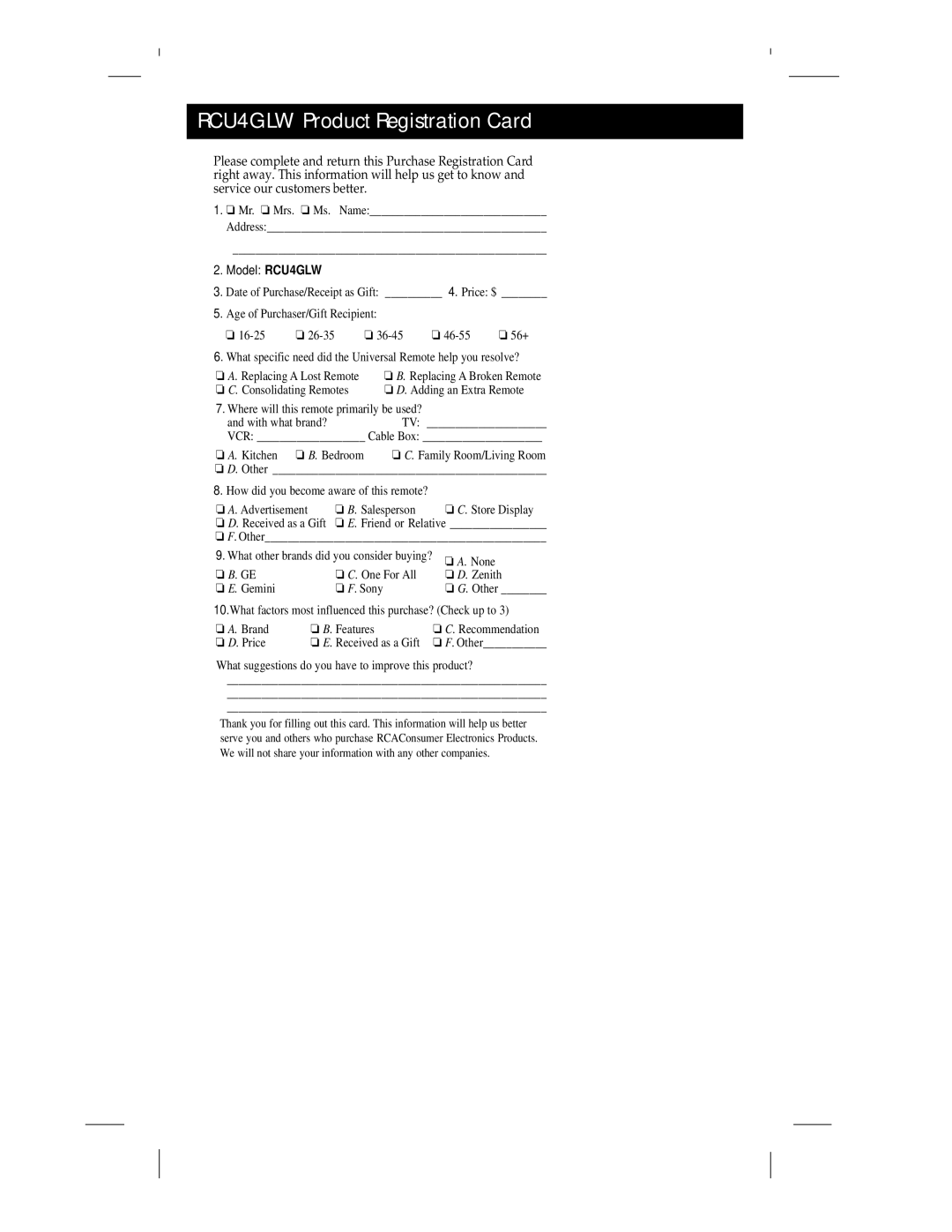 RCA RCU 4 GLW warranty RCU4GLW Product Registration Card, Model RCU4GLW 