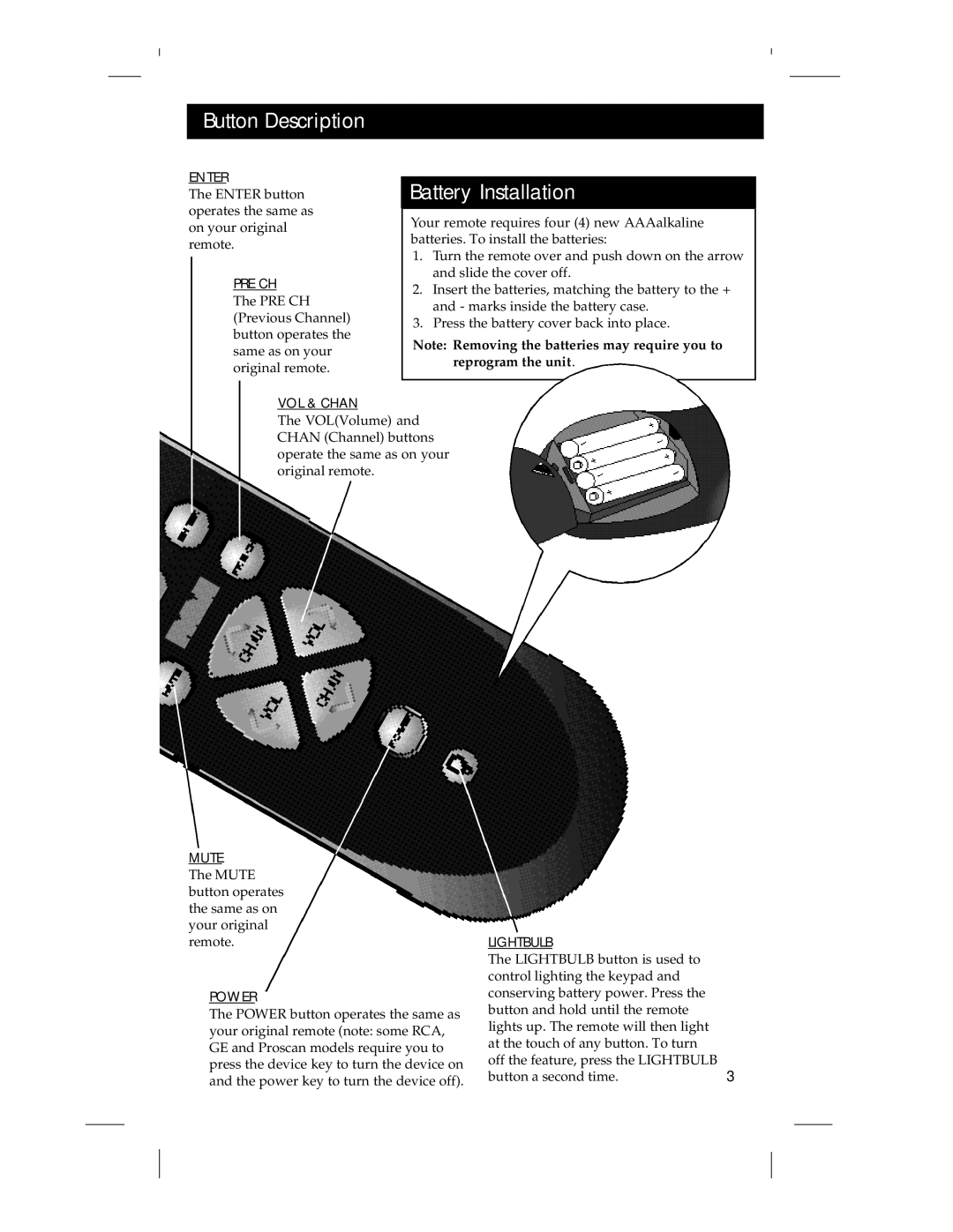 RCA RCU 4 GLW warranty Battery Installation 