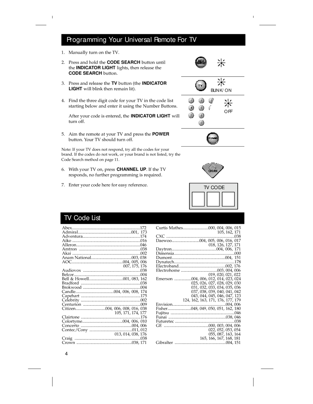 RCA RCU 4 GLW warranty Programming Your Universal Remote For TV, TV Code List, Blink/On Off 