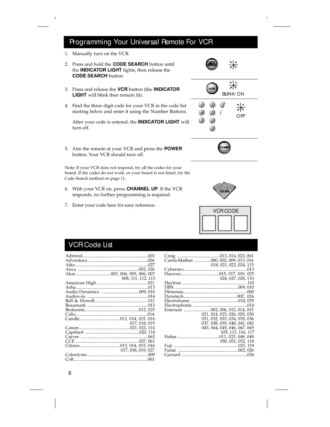 RCA RCU 4 GLW warranty Programming Your Universal Remote For VCR, VCR Code List 