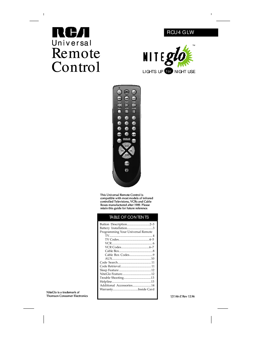 RCA RCU 4 GLW warranty Remote Control, Universal, LIGHT S UP f o r NIGHT USE, RCU4GLW, Table Of Contents 
