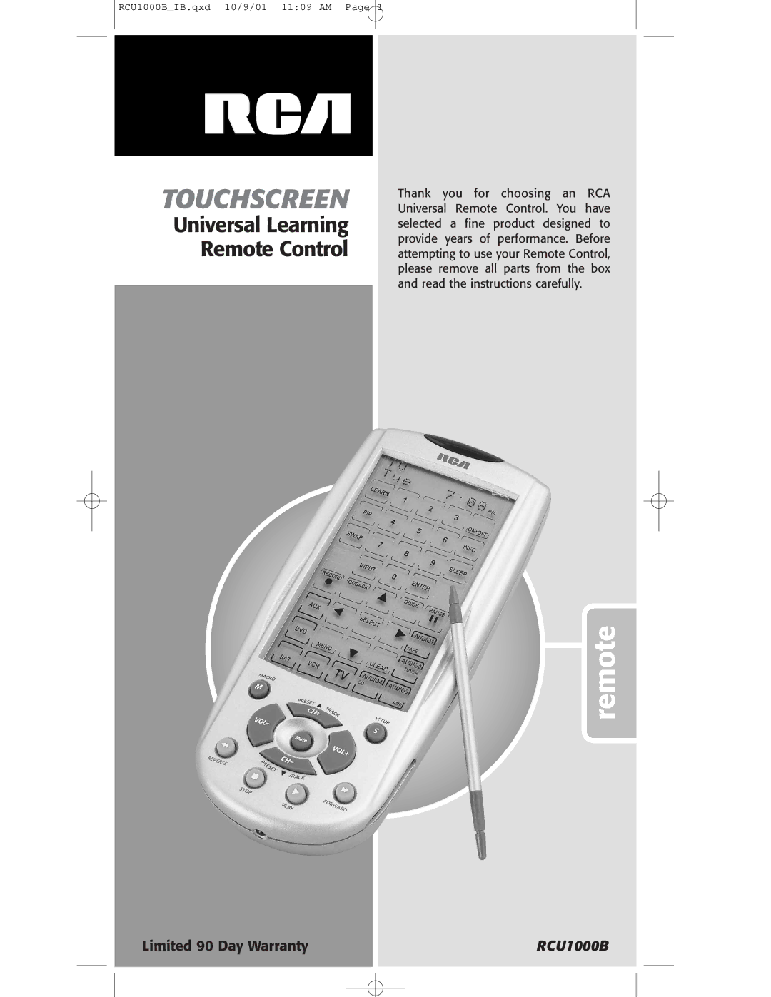 RCA RCU1000B warranty Touchscreen 