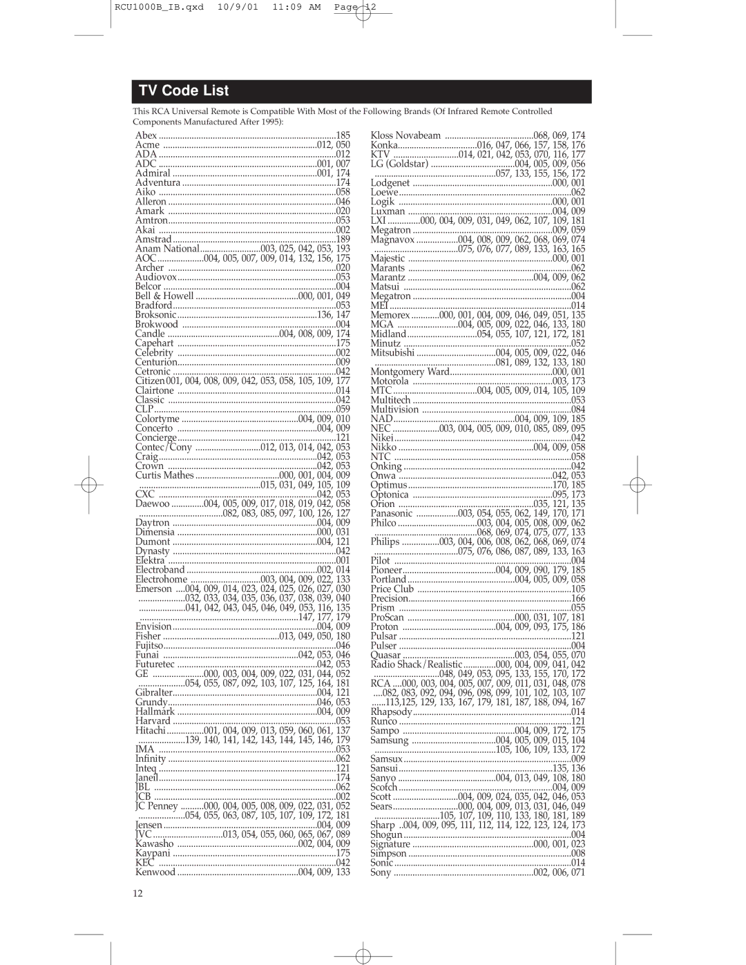 RCA RCU1000B warranty TV Code List, 003, 004, 009, 022 