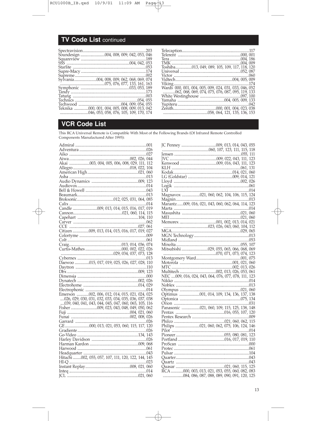 RCA RCU1000B warranty VCR Code List, Wards 