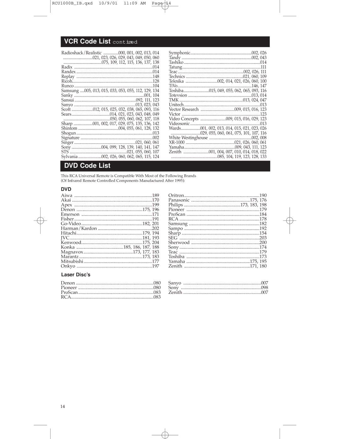 RCA RCU1000B warranty DVD Code List, Dvd 