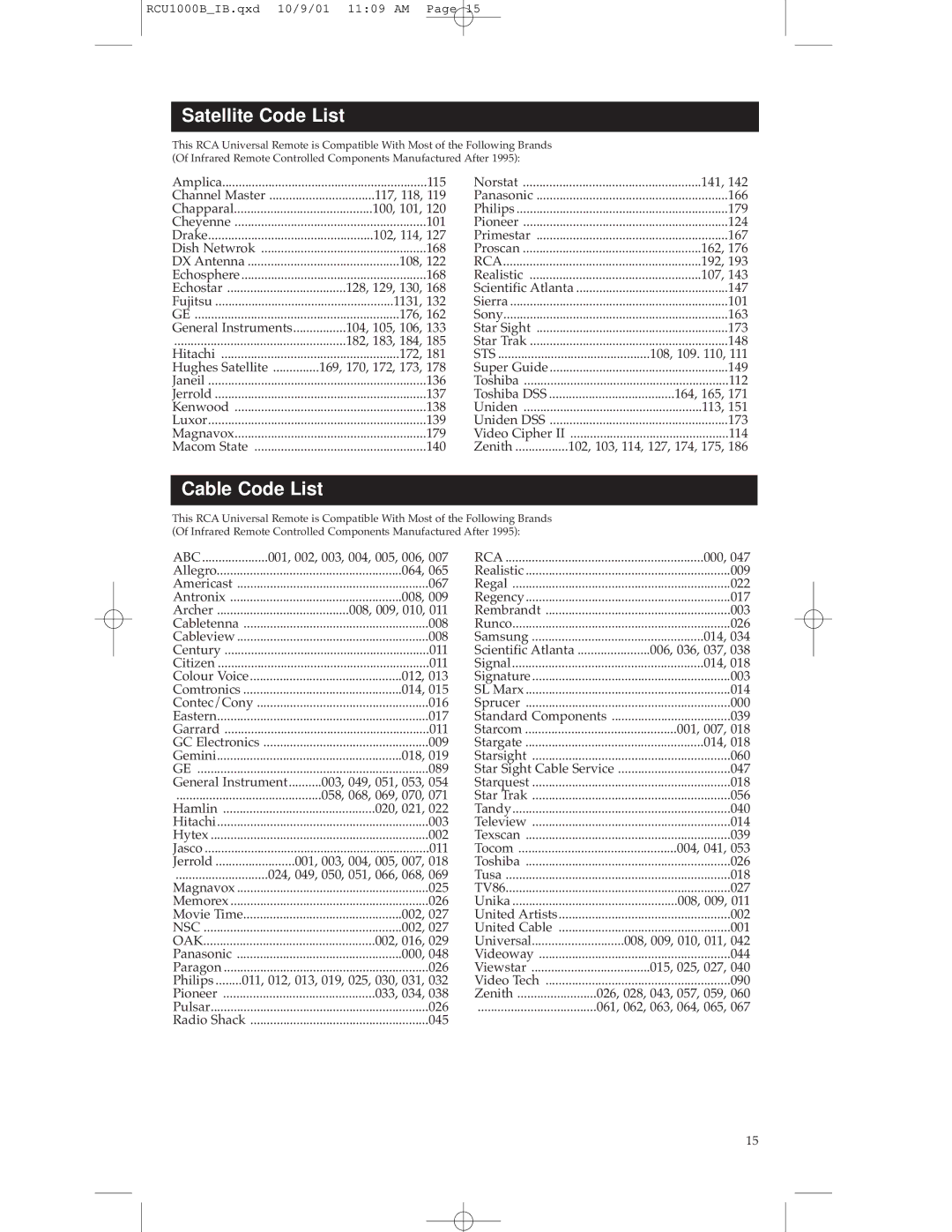 RCA RCU1000B warranty Satellite Code List, Cable Code List 