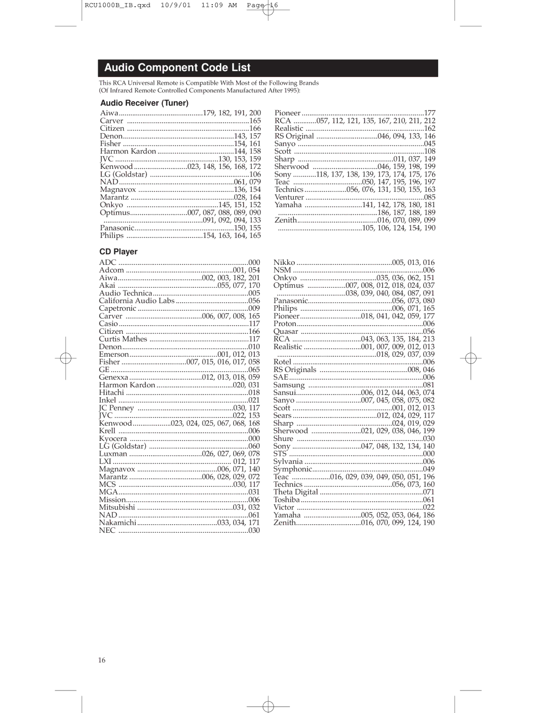 RCA RCU1000B warranty Audio Component Code List, Audio Receiver Tuner 