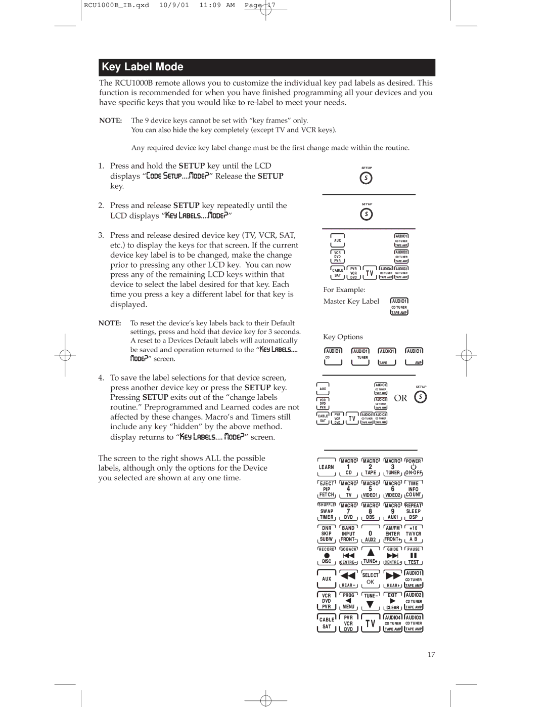 RCA RCU1000B warranty Key Label Mode 