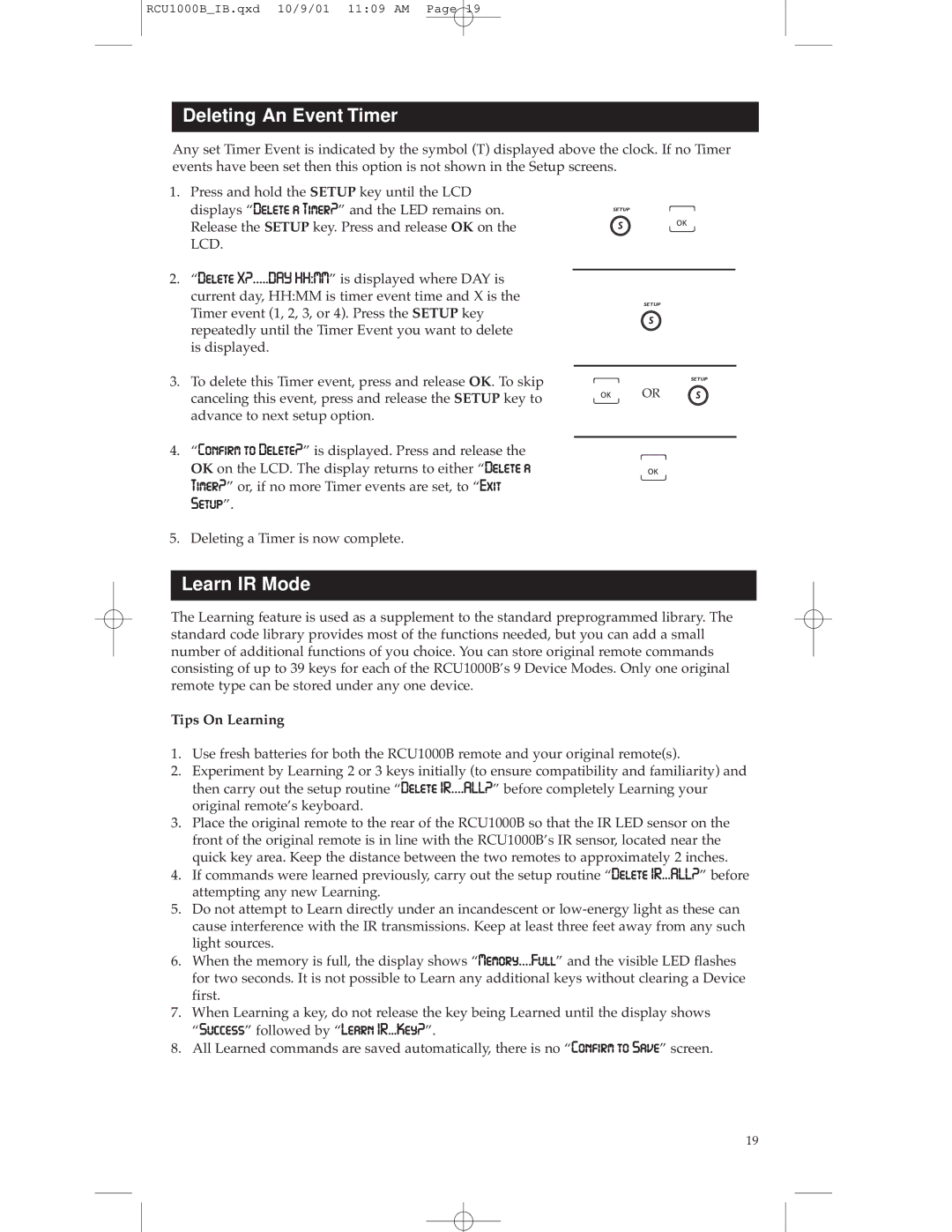 RCA RCU1000B warranty Deleting An Event Timer, Learn IR Mode, Tips On Learning 