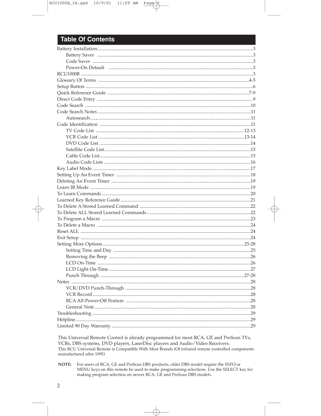 RCA RCU1000B warranty Table Of Contents 