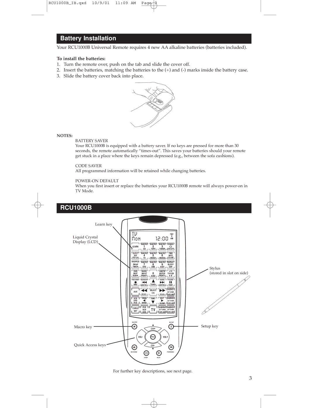 RCA RCU1000B warranty Battery Installation, To install the batteries 