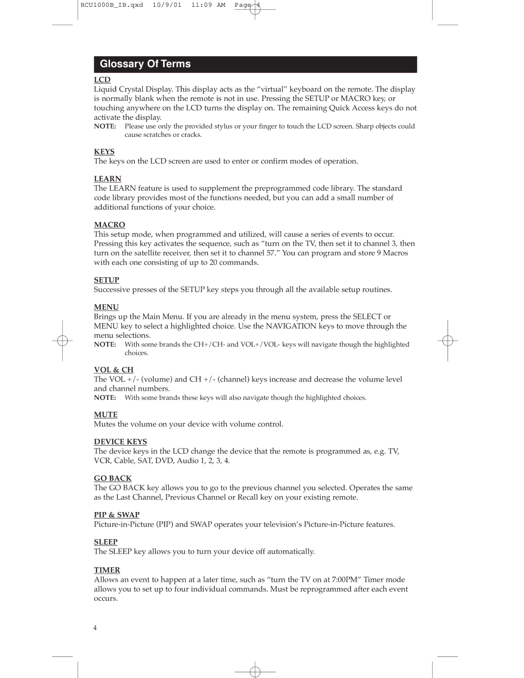 RCA RCU1000B warranty Glossary Of Terms, Lcd 