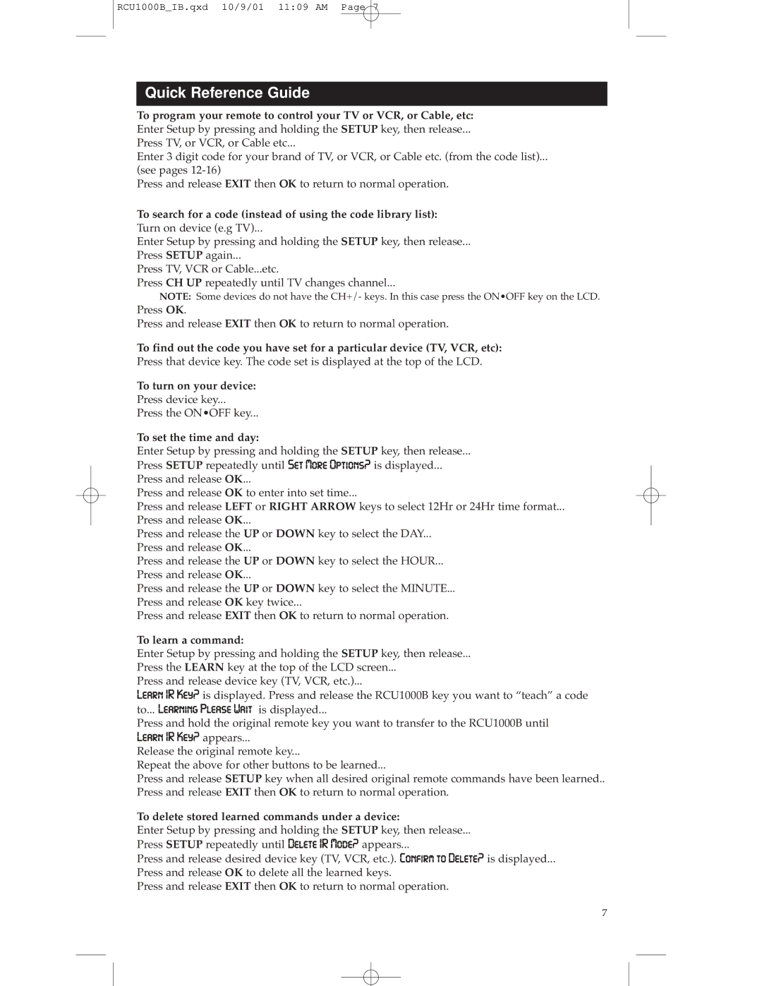 RCA RCU1000B Quick Reference Guide, To search for a code instead of using the code library list, To set the time and day 