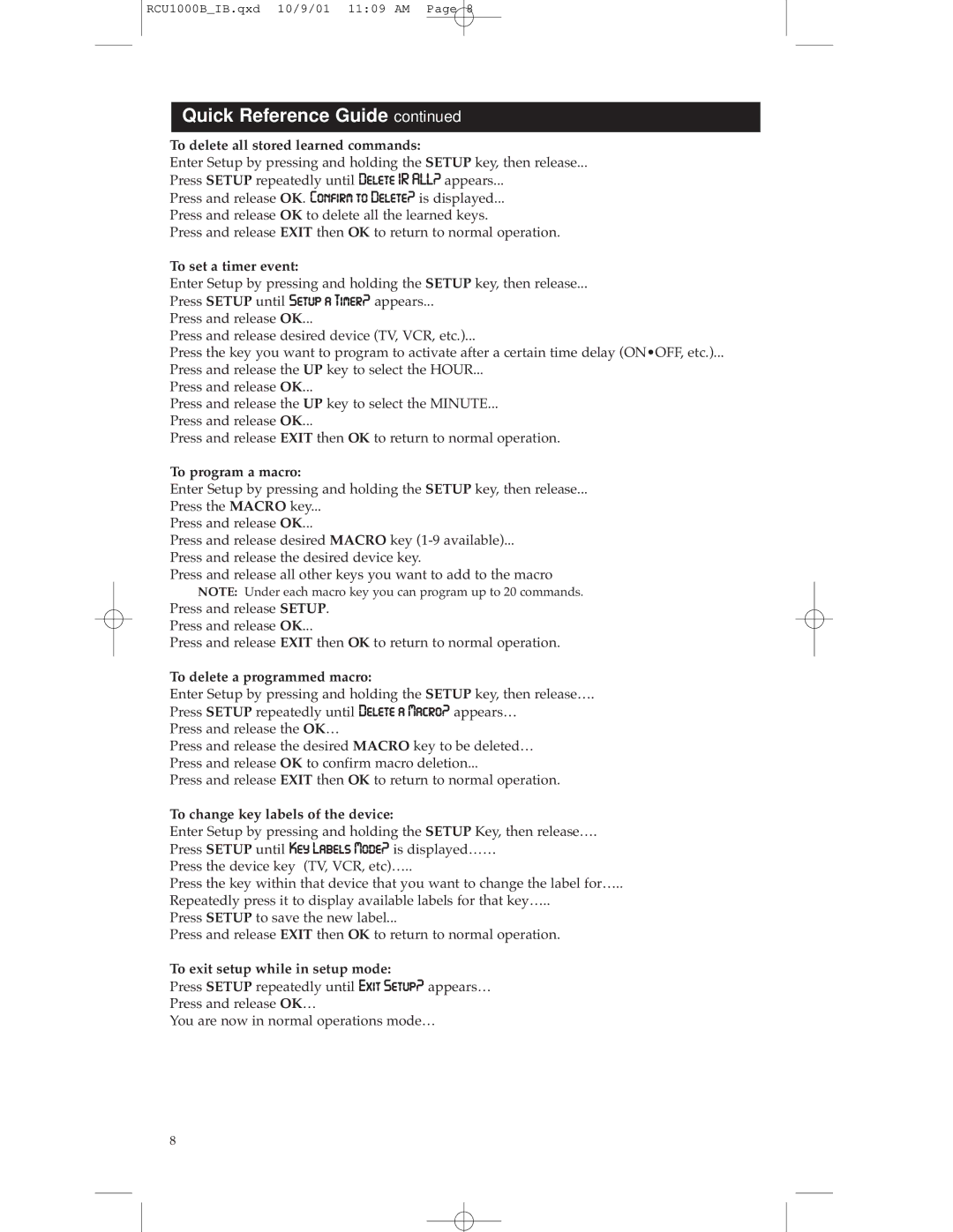 RCA RCU1000B To delete all stored learned commands, To set a timer event, To program a macro, To delete a programmed macro 