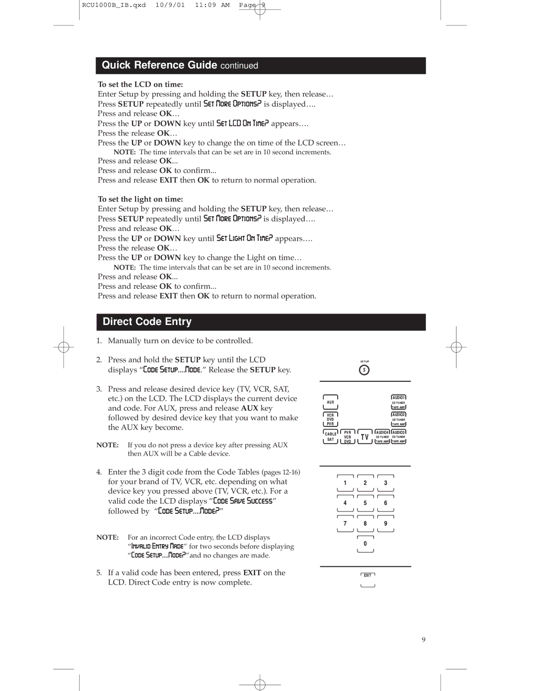 RCA RCU1000B warranty Direct Code Entry, To set the LCD on time, To set the light on time 