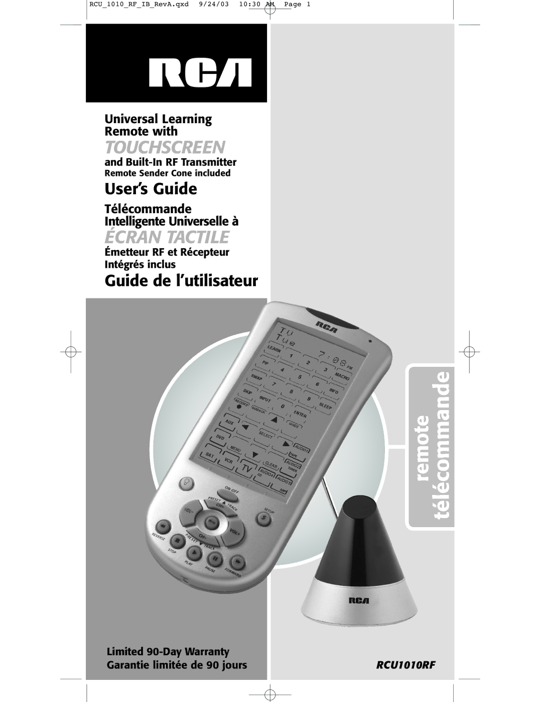 RCA RCU1010RF warranty Télécommande 