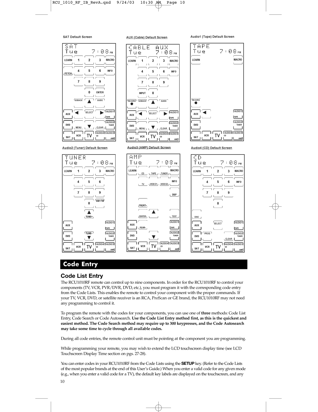 RCA RCU1010RF warranty Code Entry, Code List Entry 