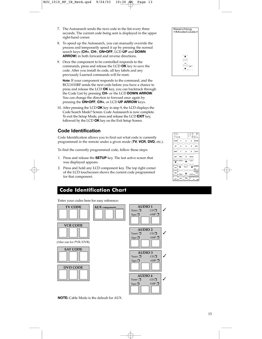 RCA RCU1010RF warranty Code Identification Chart 