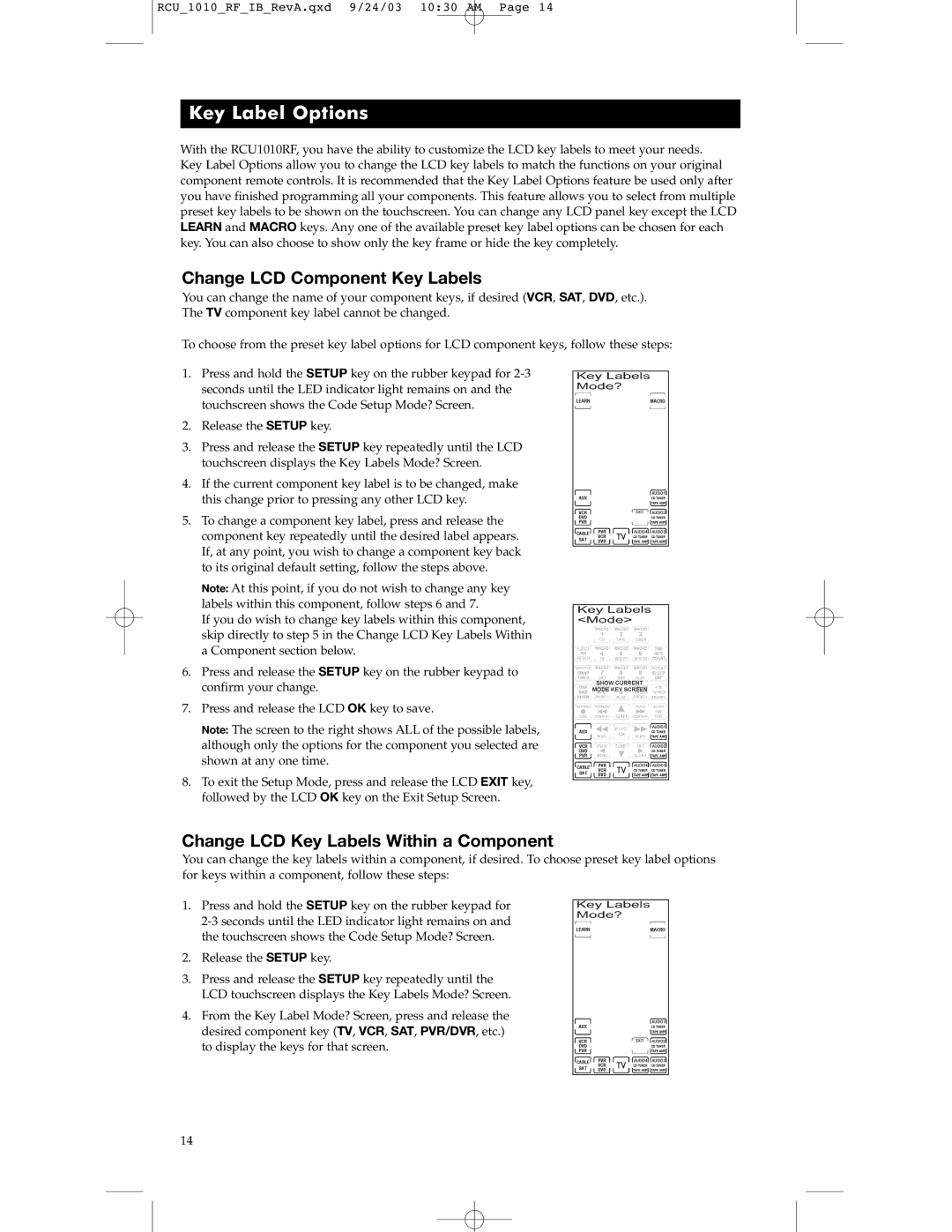 RCA RCU1010RF warranty Key Label Options, Change LCD Component Key Labels, Change LCD Key Labels Within a Component 