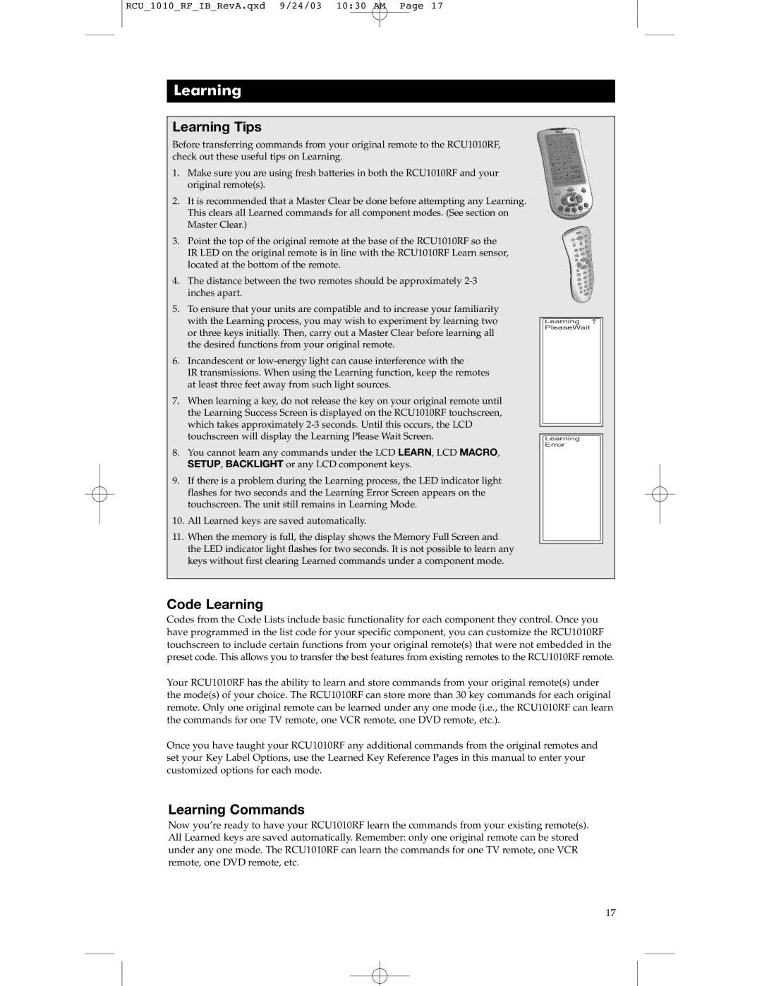 RCA RCU1010RF warranty Learning Tips, Code Learning, Learning Commands 