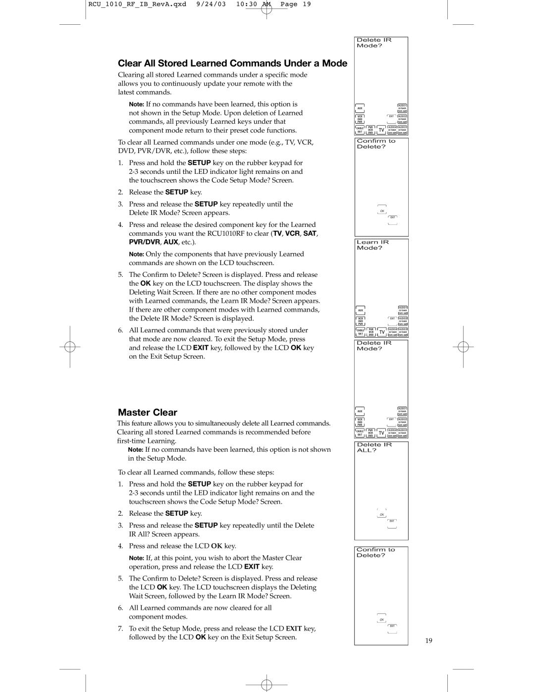 RCA RCU1010RF warranty Clear All Stored Learned Commands Under a Mode, Master Clear 