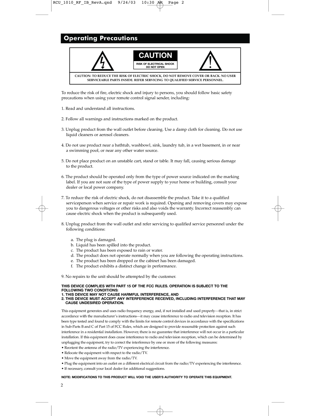 RCA RCU1010RF warranty Operating Precautions 