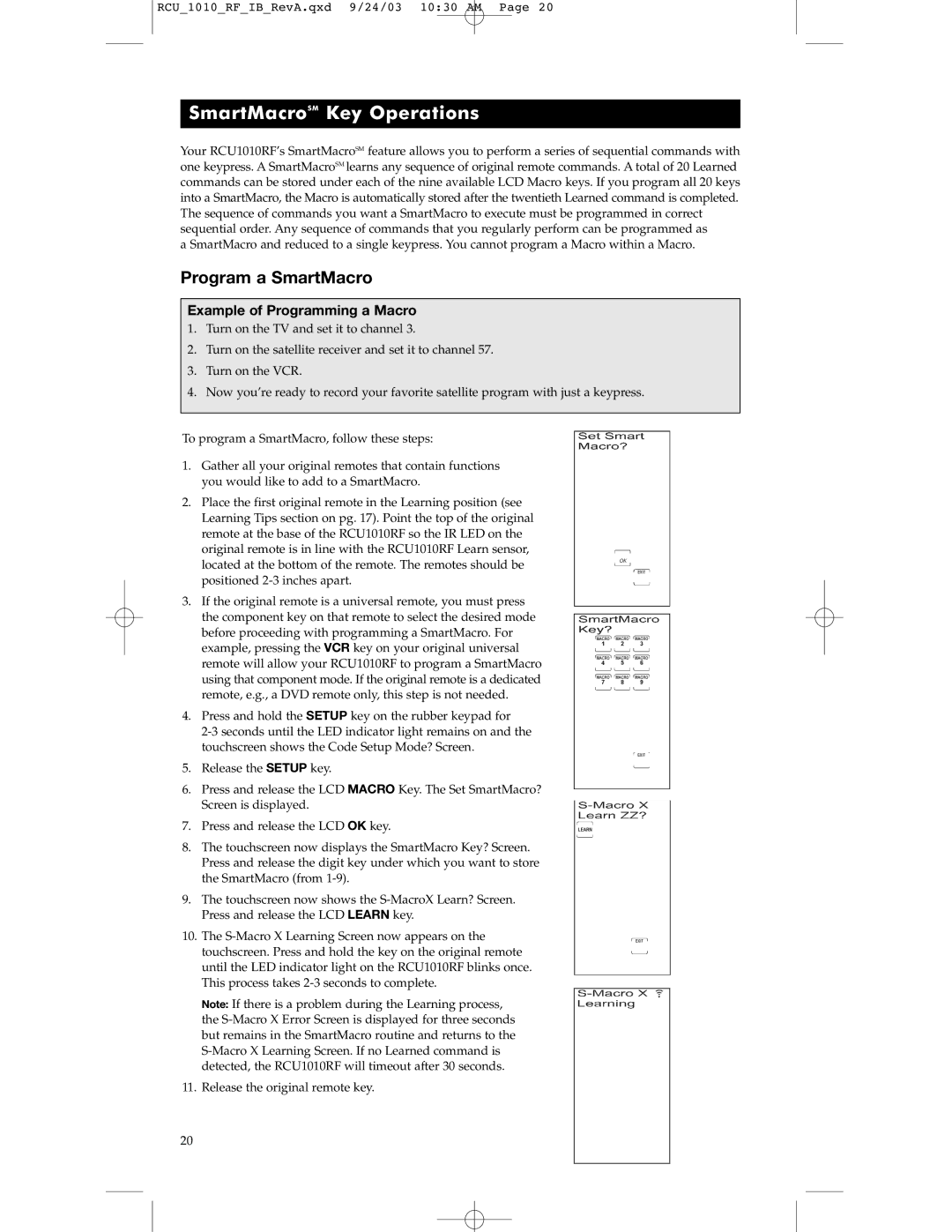 RCA RCU1010RF warranty SmartMacroSM Key Operations, Program a SmartMacro 