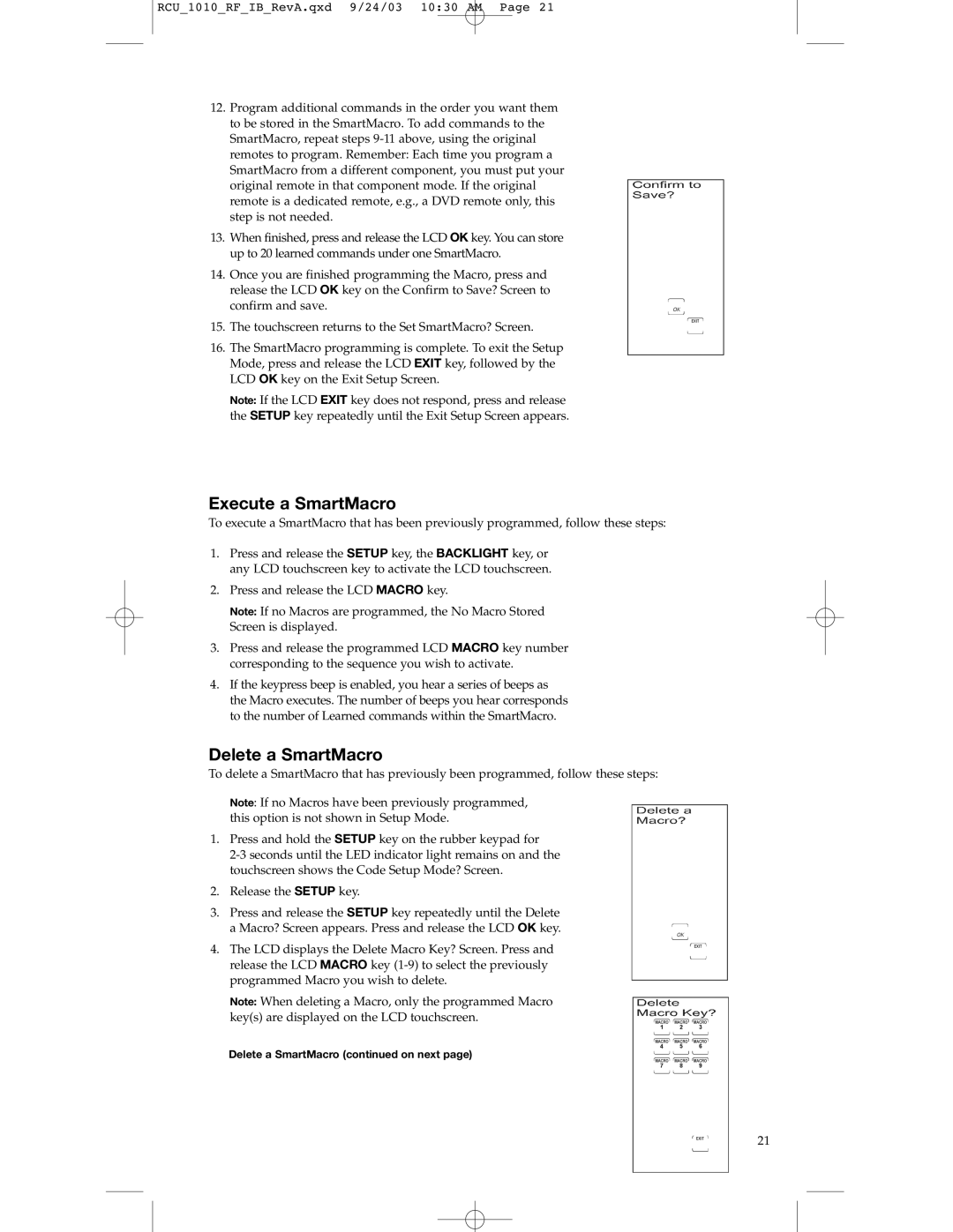 RCA RCU1010RF warranty Execute a SmartMacro, Delete a SmartMacro 