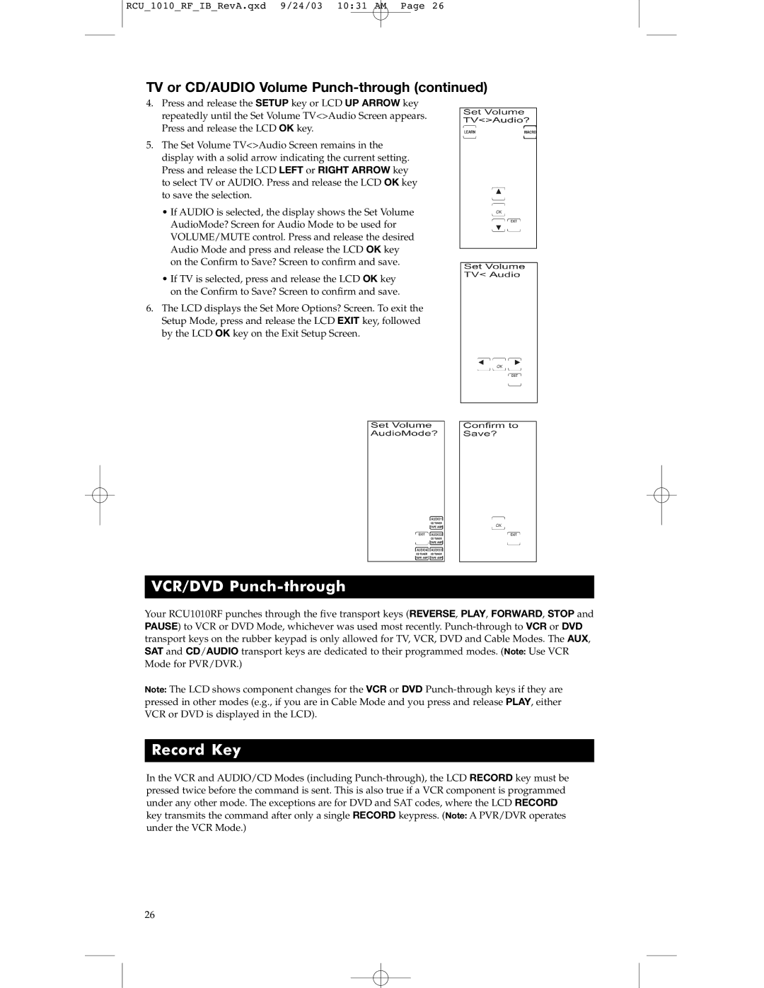 RCA RCU1010RF warranty VCR/DVD Punch-through, Record Key, TV or CD/AUDIO Volume Punch-through 