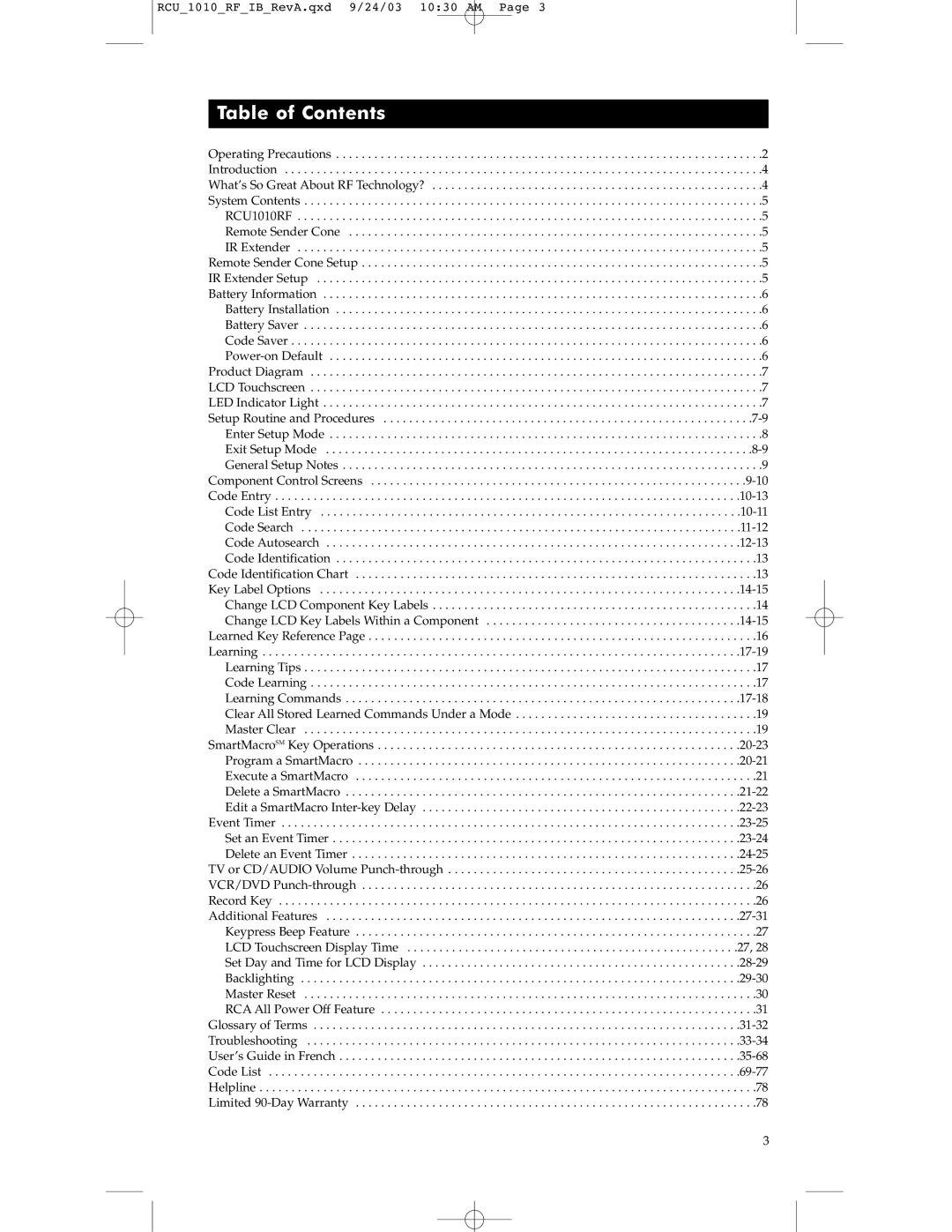 RCA RCU1010RF warranty Table of Contents 