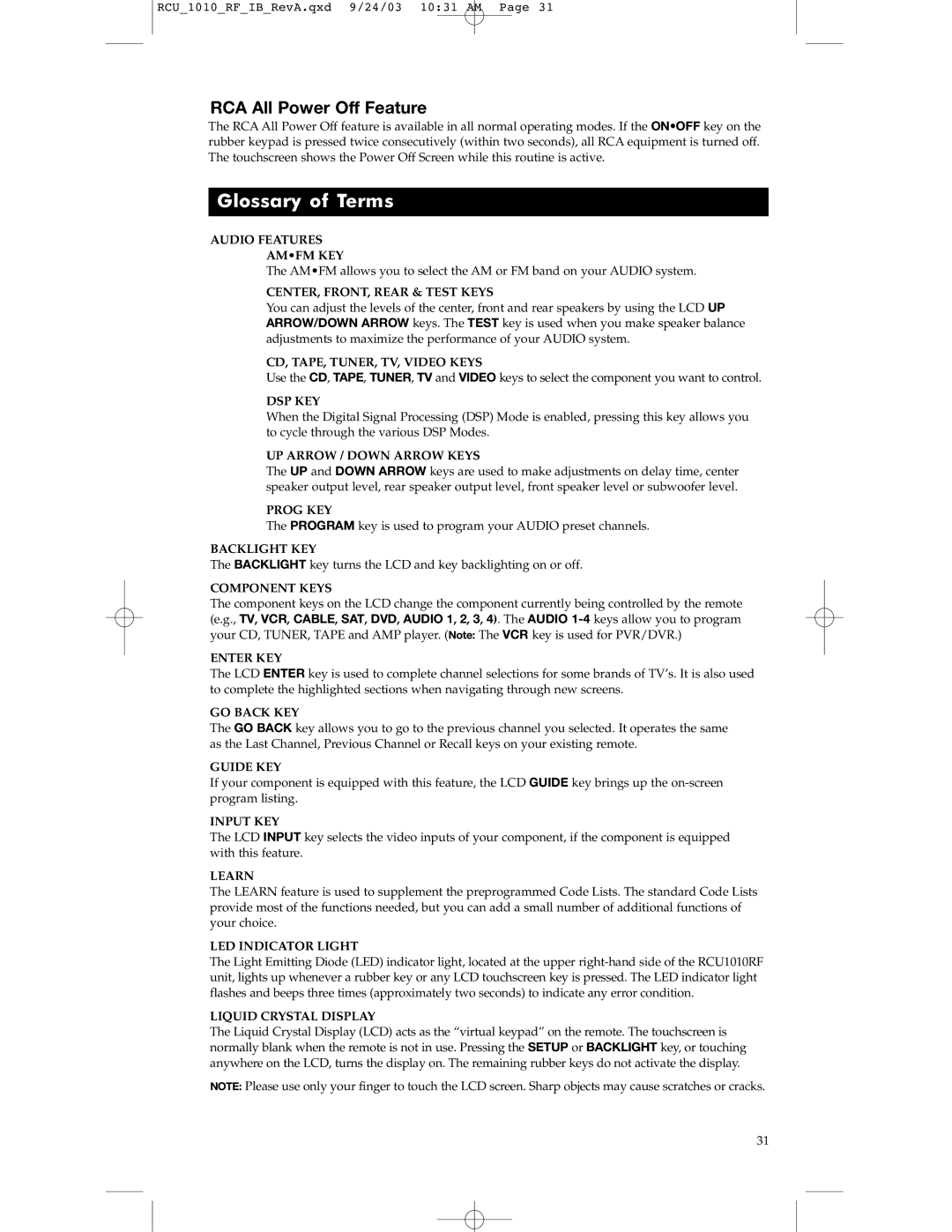 RCA RCU1010RF warranty Glossary of Terms, RCA All Power Off Feature 