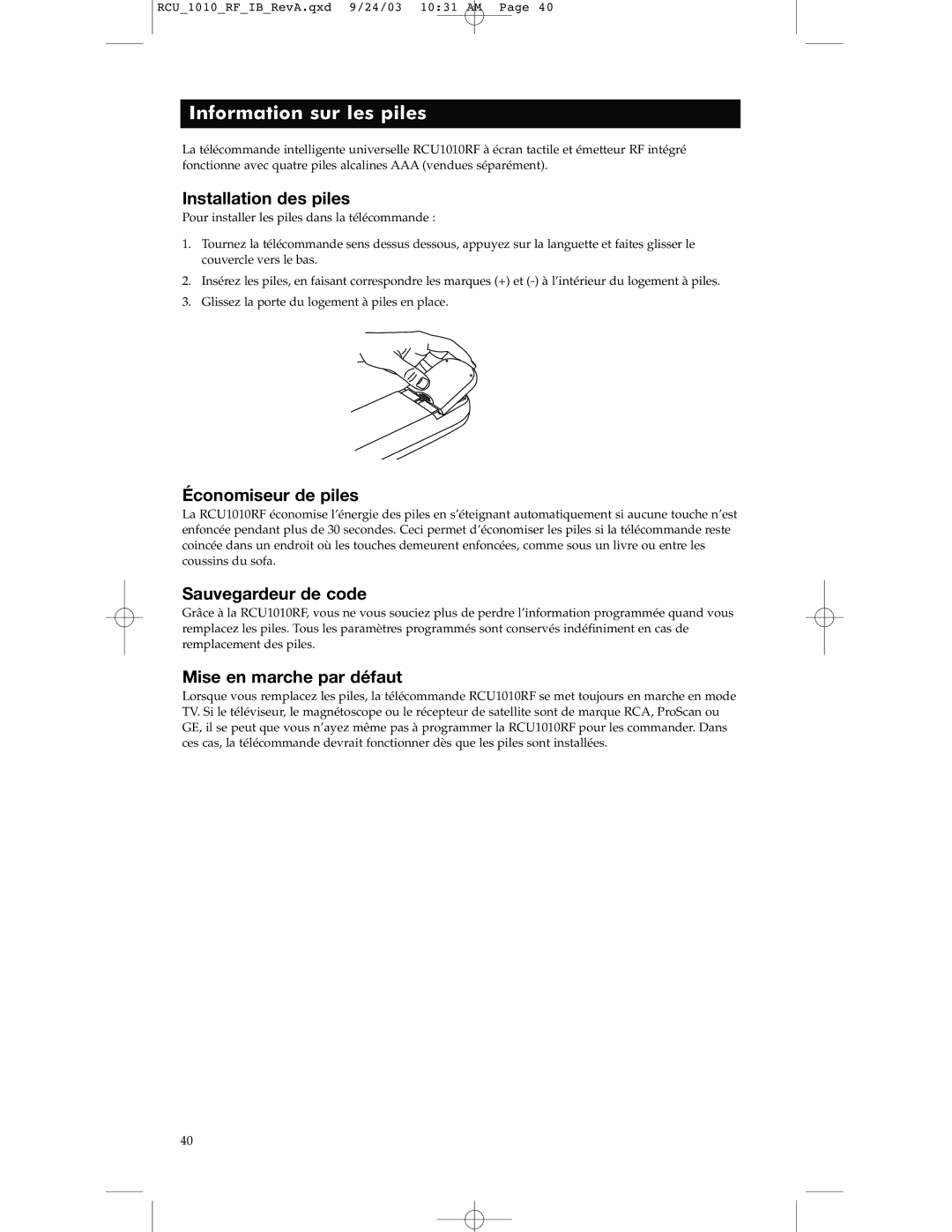 RCA RCU1010RF warranty Information sur les piles, Installation des piles, Économiseur de piles, Sauvegardeur de code 