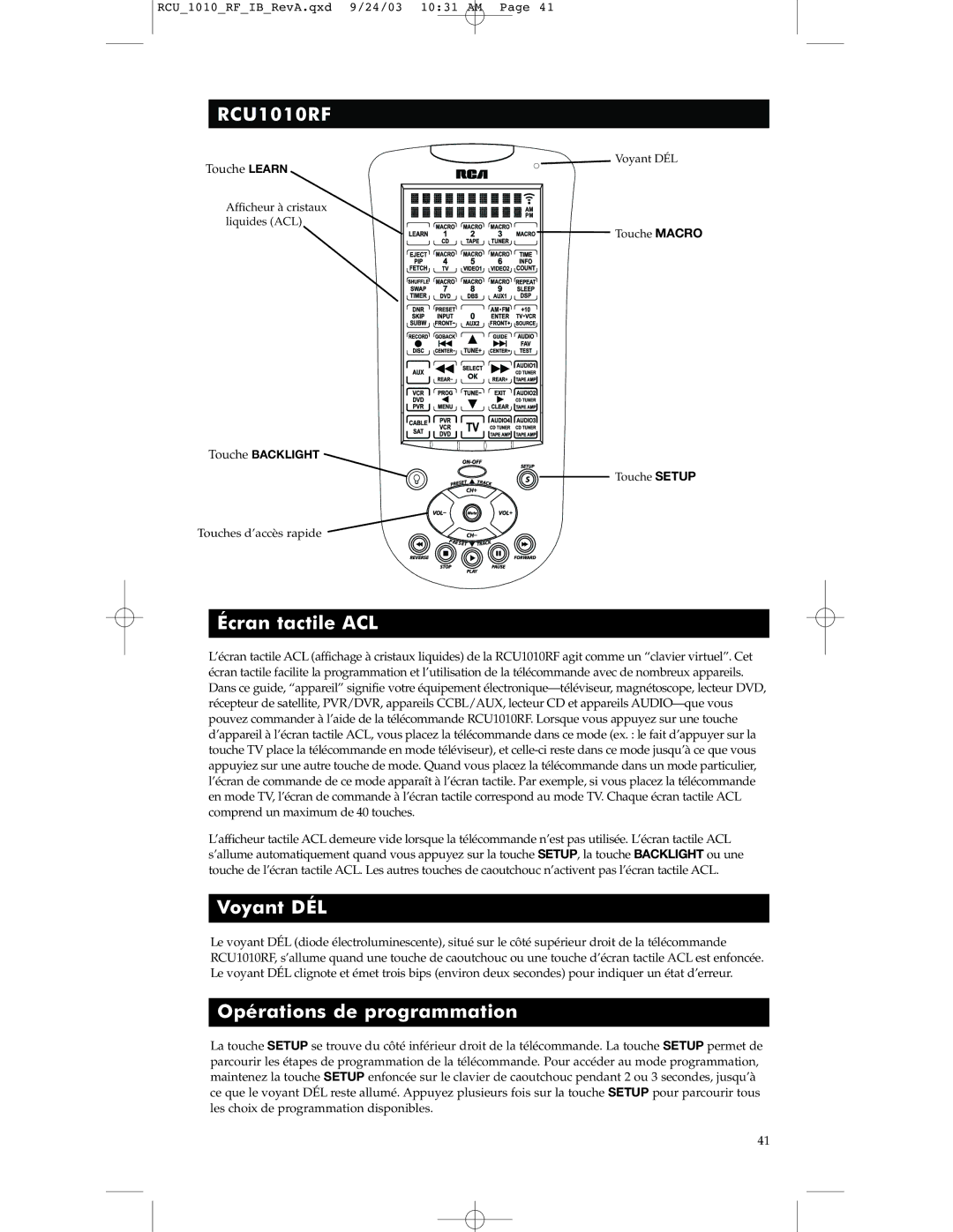 RCA RCU1010RF warranty Écran tactile ACL, Voyant DÉL, Opérations de programmation 