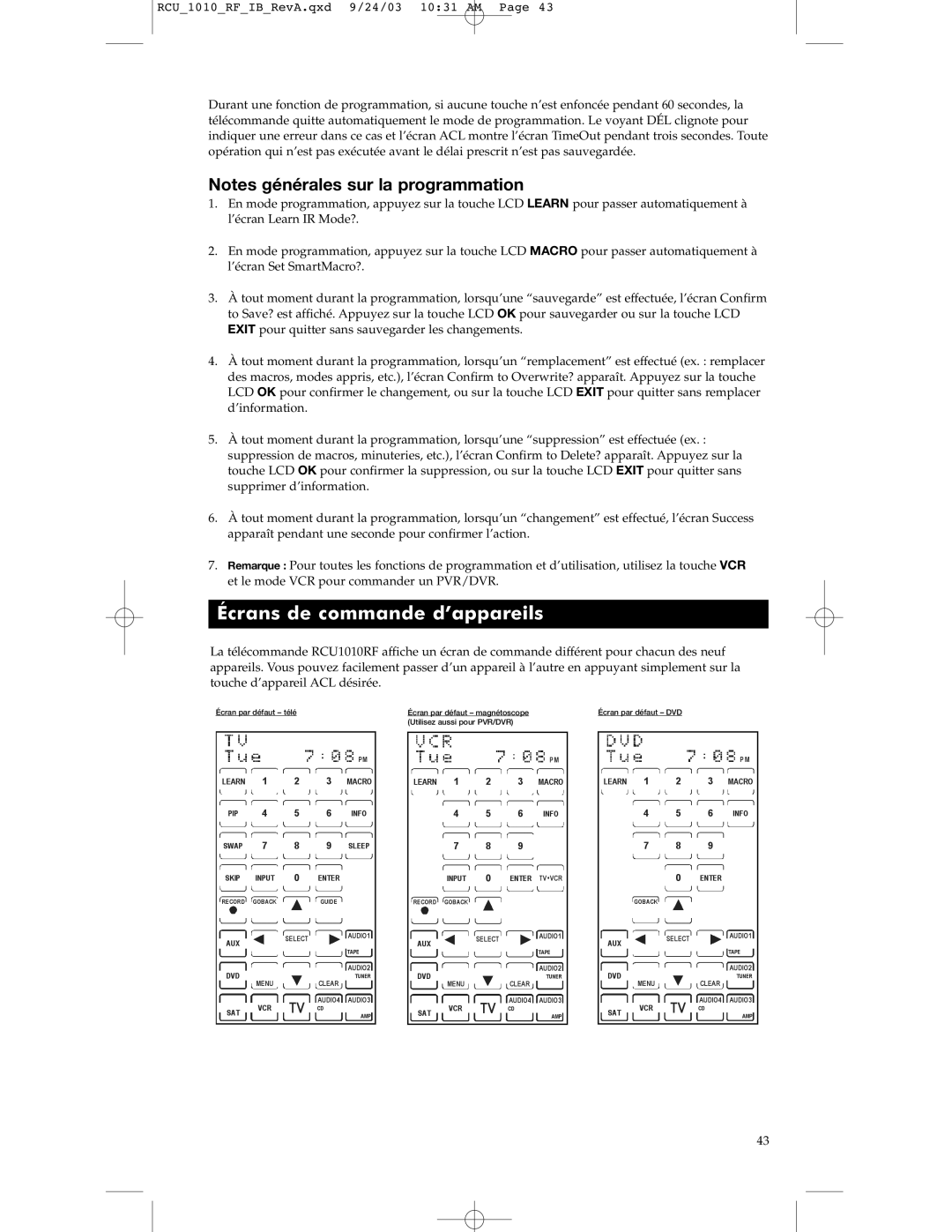 RCA RCU1010RF warranty Écrans de commande d’appareils 