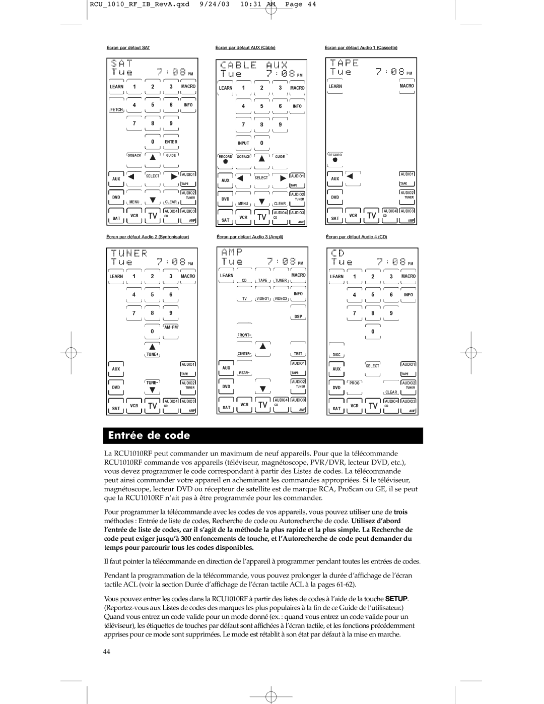 RCA RCU1010RF warranty Entrée de code 