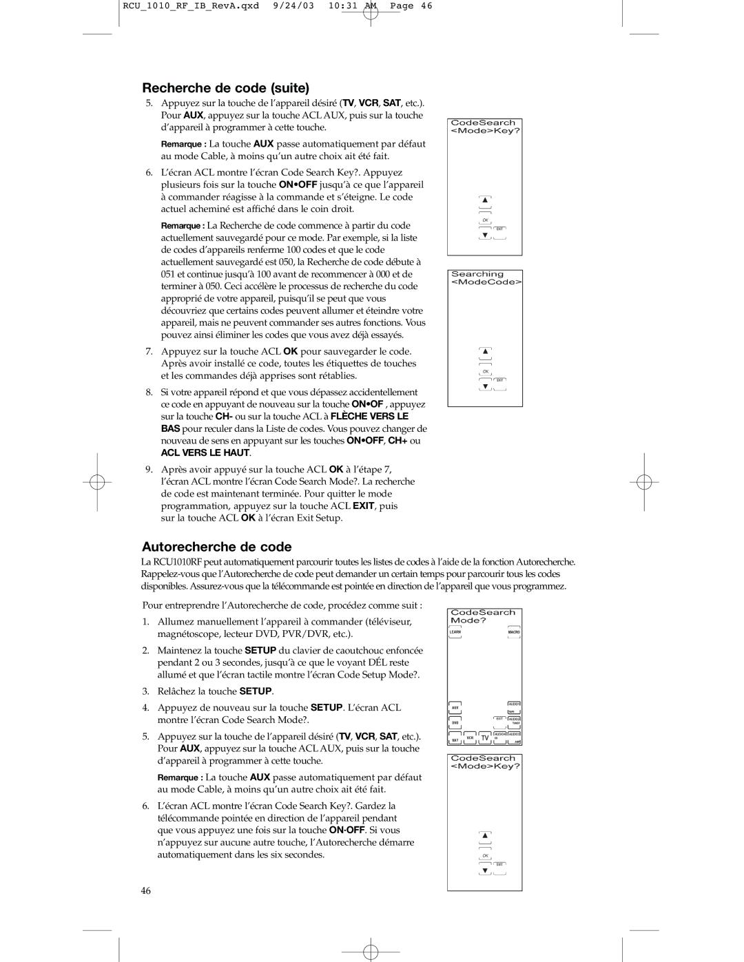 RCA RCU1010RF warranty Recherche de code suite, Autorecherche de code 