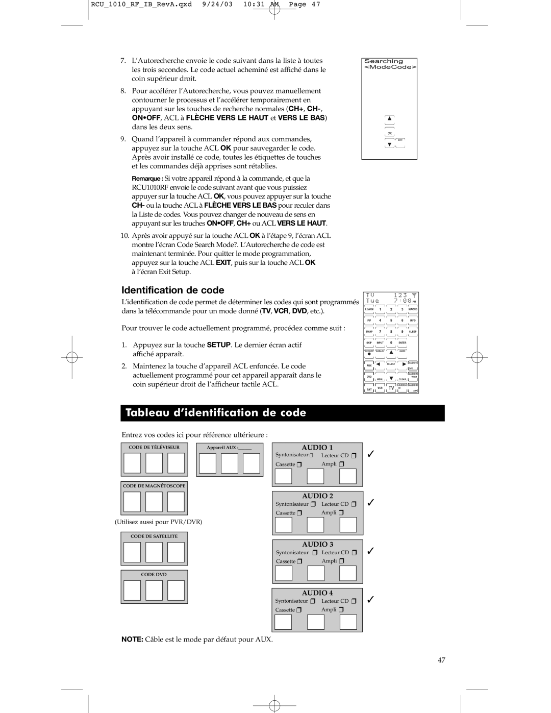 RCA RCU1010RF warranty Tableau d’identification de code, Identification de code 