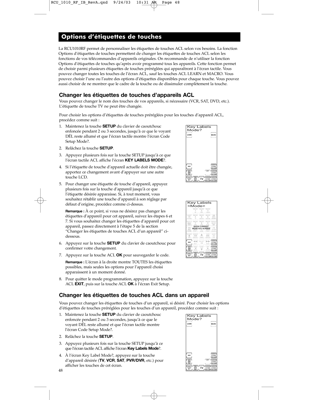 RCA RCU1010RF warranty Options d’étiquettes de touches, Changer les étiquettes de touches d’appareils ACL 