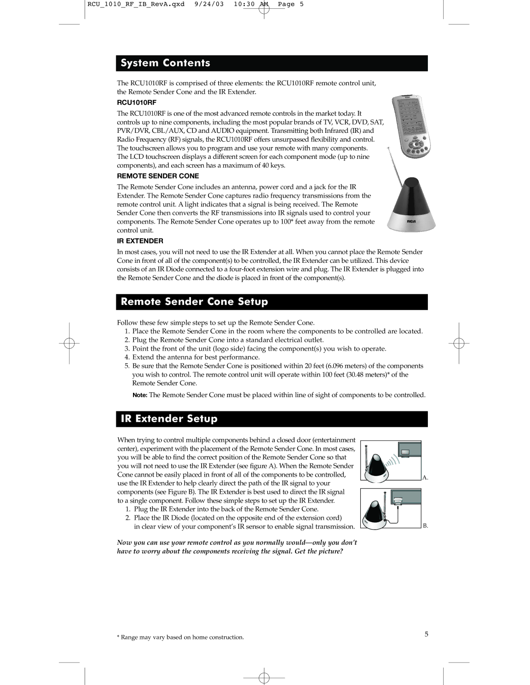 RCA RCU1010RF warranty System Contents, Remote Sender Cone Setup, IR Extender Setup 