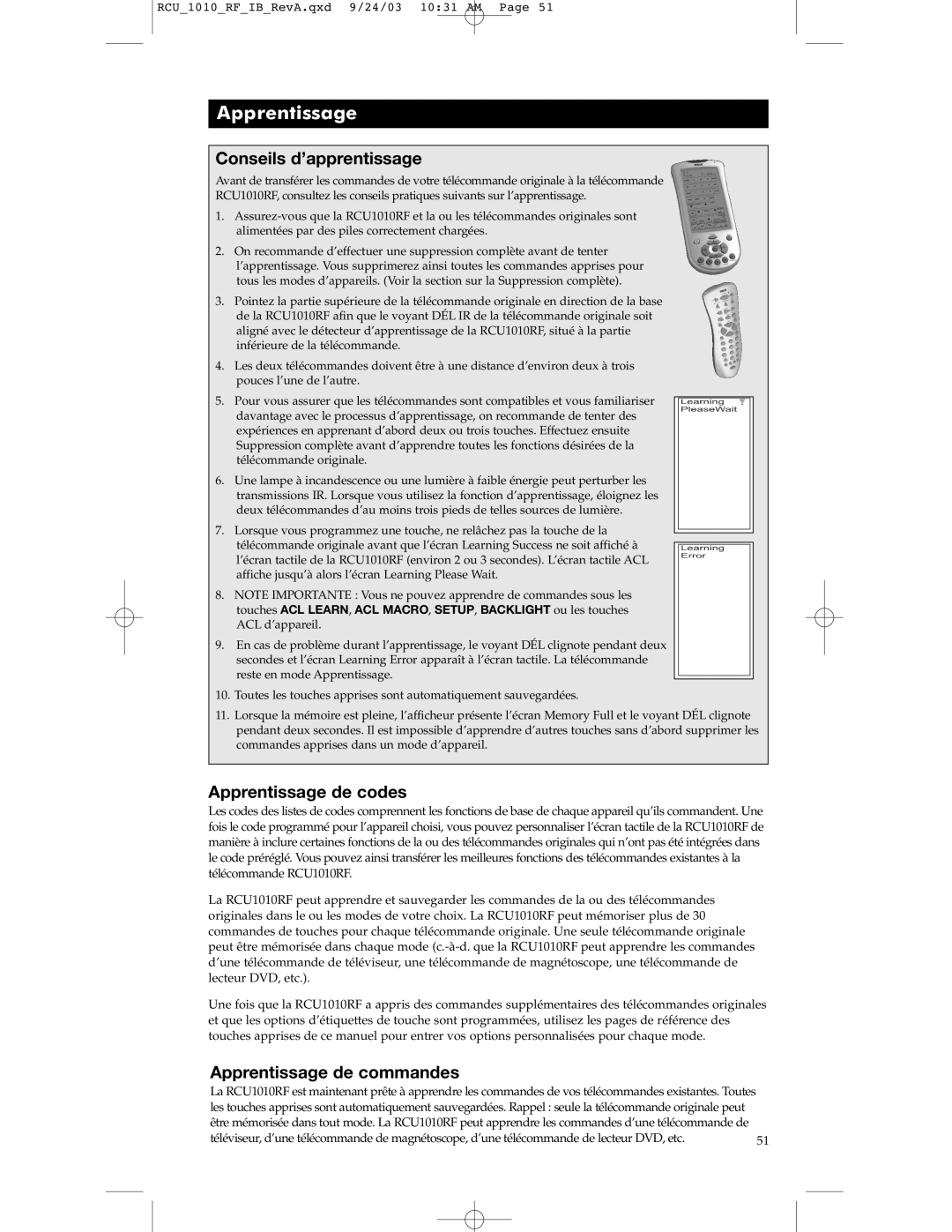 RCA RCU1010RF warranty Conseils d’apprentissage, Apprentissage de codes, Apprentissage de commandes 