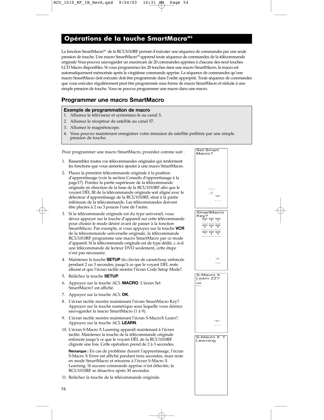 RCA RCU1010RF warranty Opérations de la touche SmartMacroMS, Programmer une macro SmartMacro 