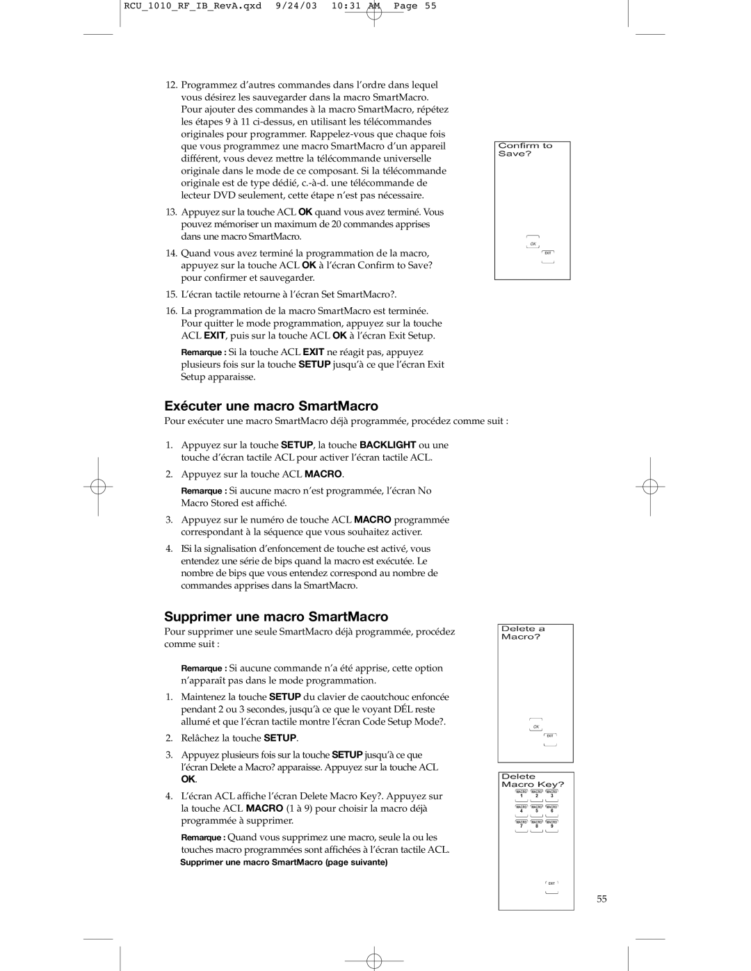 RCA RCU1010RF warranty Exécuter une macro SmartMacro, Supprimer une macro SmartMacro 