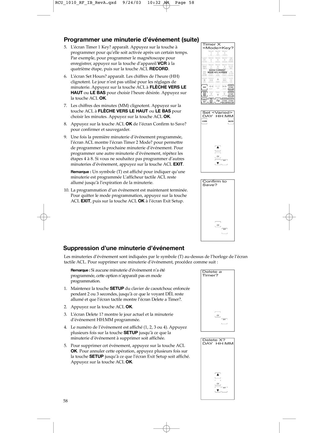 RCA RCU1010RF warranty Programmer une minuterie d’événement suite, Suppression d’une minuterie d’événement 