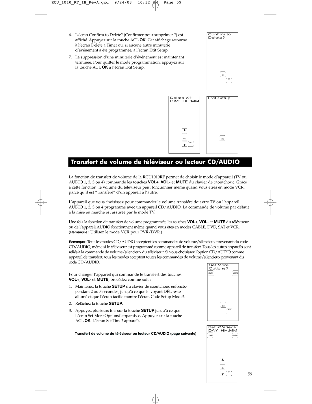 RCA RCU1010RF warranty Transfert de volume de téléviseur ou lecteur CD/AUDIO 