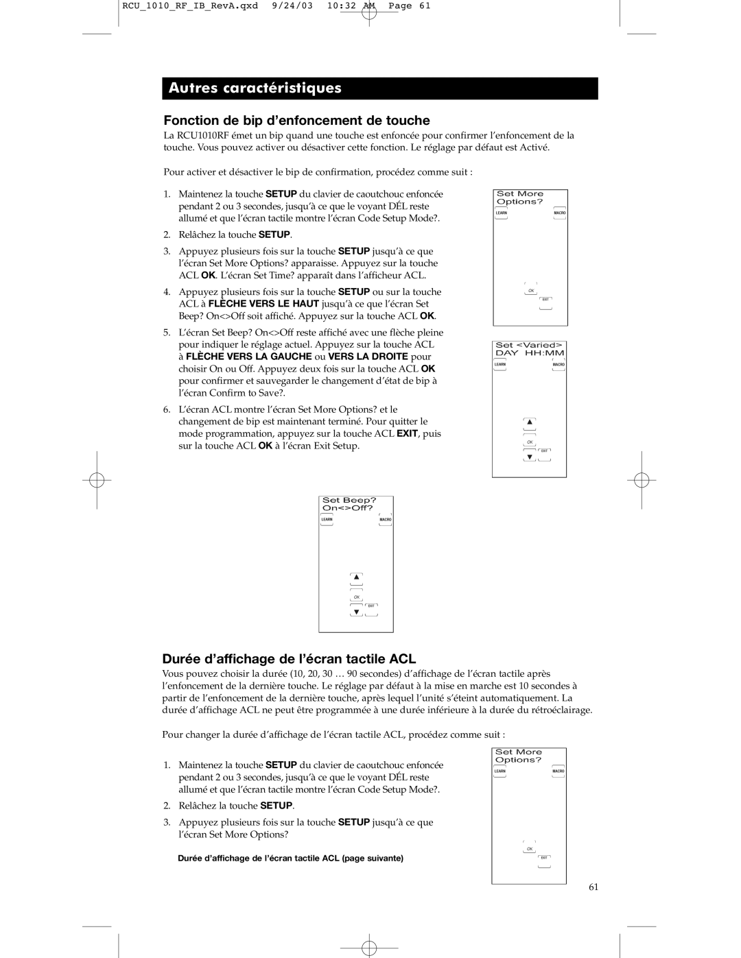 RCA RCU1010RF Autres caractéristiques, Fonction de bip d’enfoncement de touche, Durée d’affichage de l’écran tactile ACL 