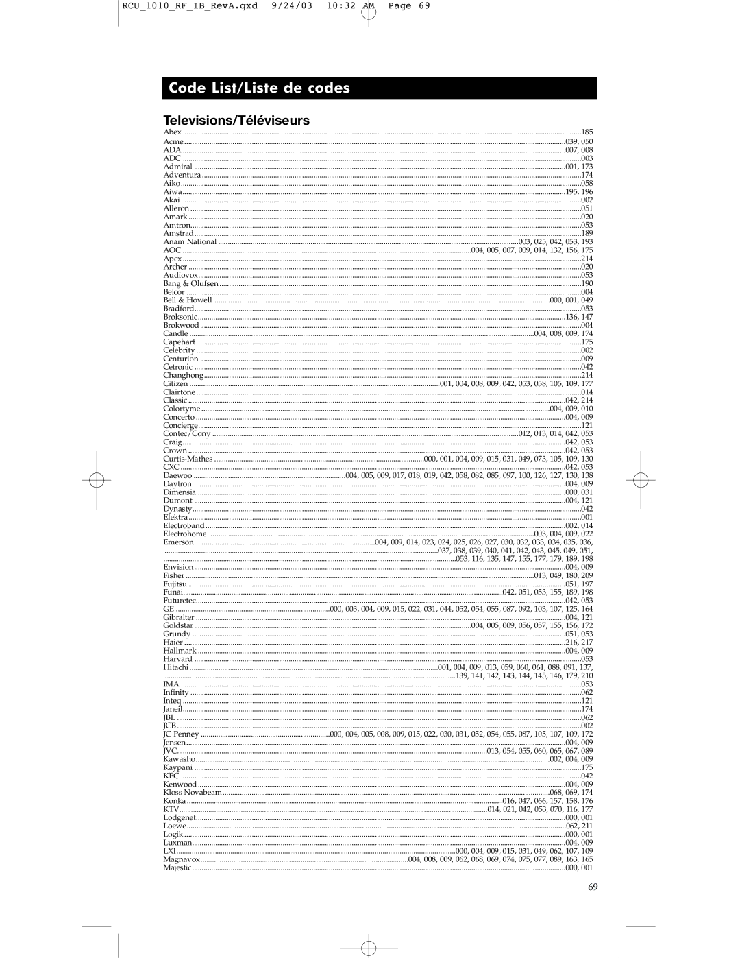 RCA RCU1010RF warranty Code List/Liste de codes, Televisions/Téléviseurs 