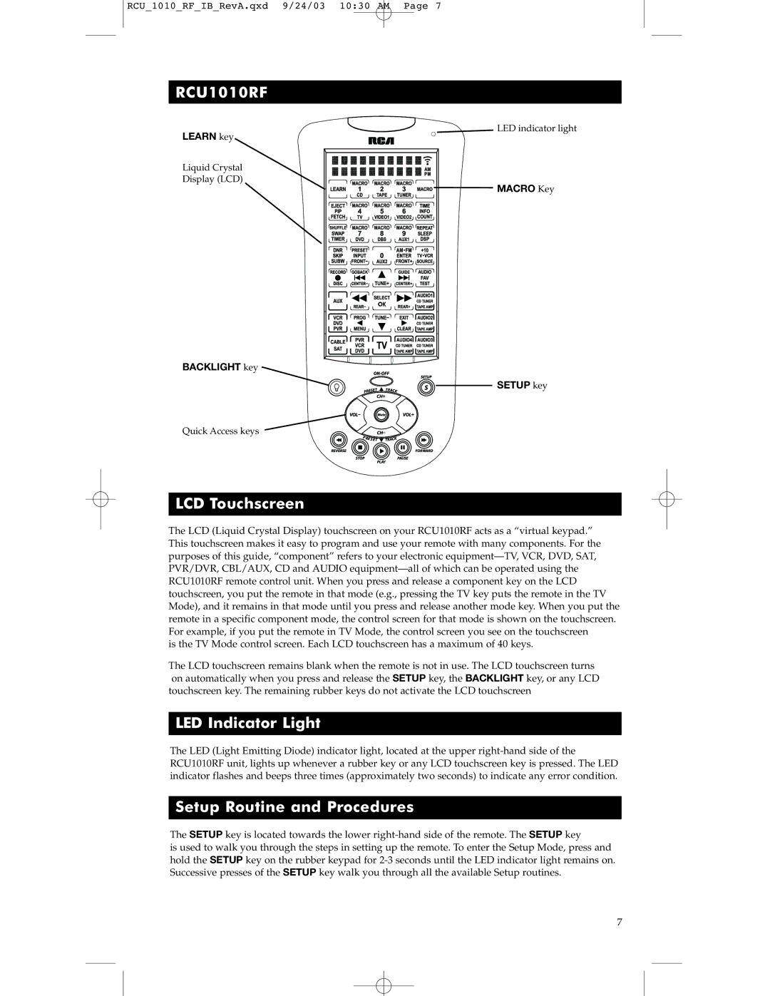 RCA RCU1010RF warranty LCD Touchscreen, LED Indicator Light, Setup Routine and Procedures 