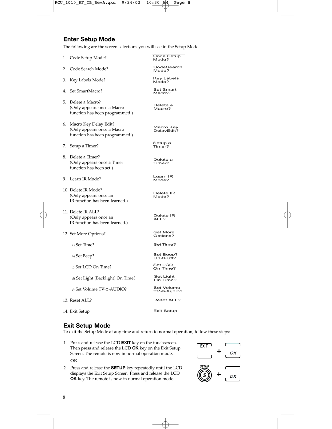 RCA RCU1010RF warranty Enter Setup Mode, Exit Setup Mode 