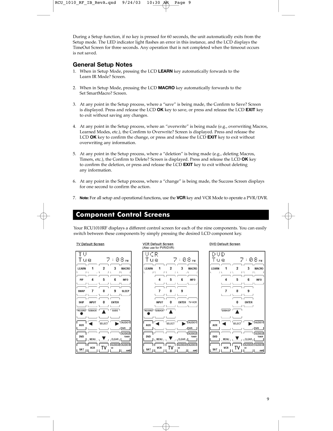 RCA RCU1010RF warranty Component Control Screens, General Setup Notes 