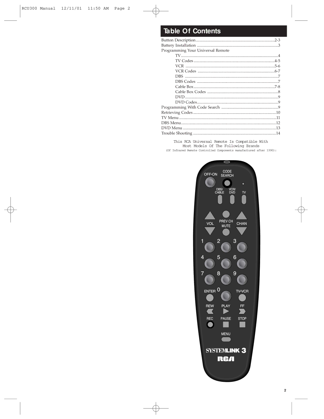 RCA RCU300 manual Table Of Contents 